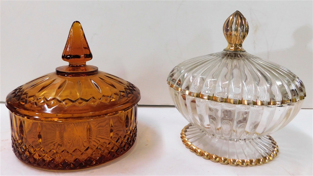 2 Covered Candy Dishes - Gold with Clear Trim is 7" tall 