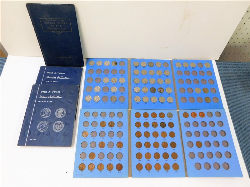 2 Partially Full Coin Books, 2 Empty Coin Holders, and 1959 Handbook of United States Coins