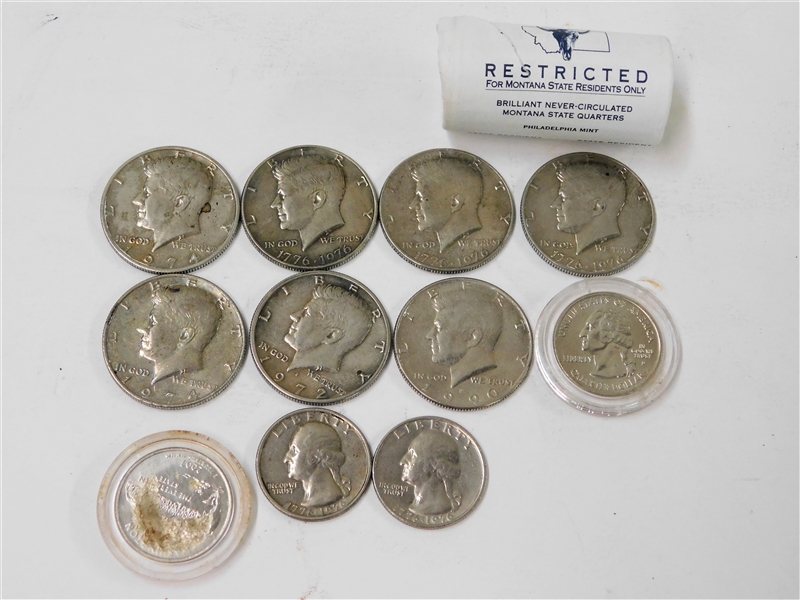 7 Half Dollars, Roll of Montana State Quarters, 4 Other Quarters, and 2 Susan B. Anthony Dollars