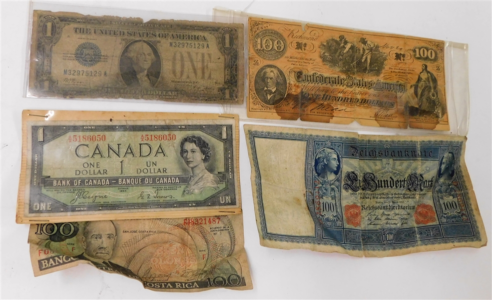 One Dollar Silver Certificate, 100 Richmond Confederated Note, and Other Foreign Paper Money - All in Used Condition 