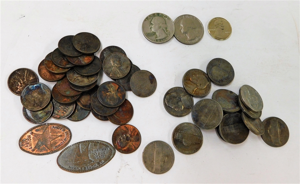 Unsearched Coin Lot including Wheat Pennies, Quarters, and Nickels