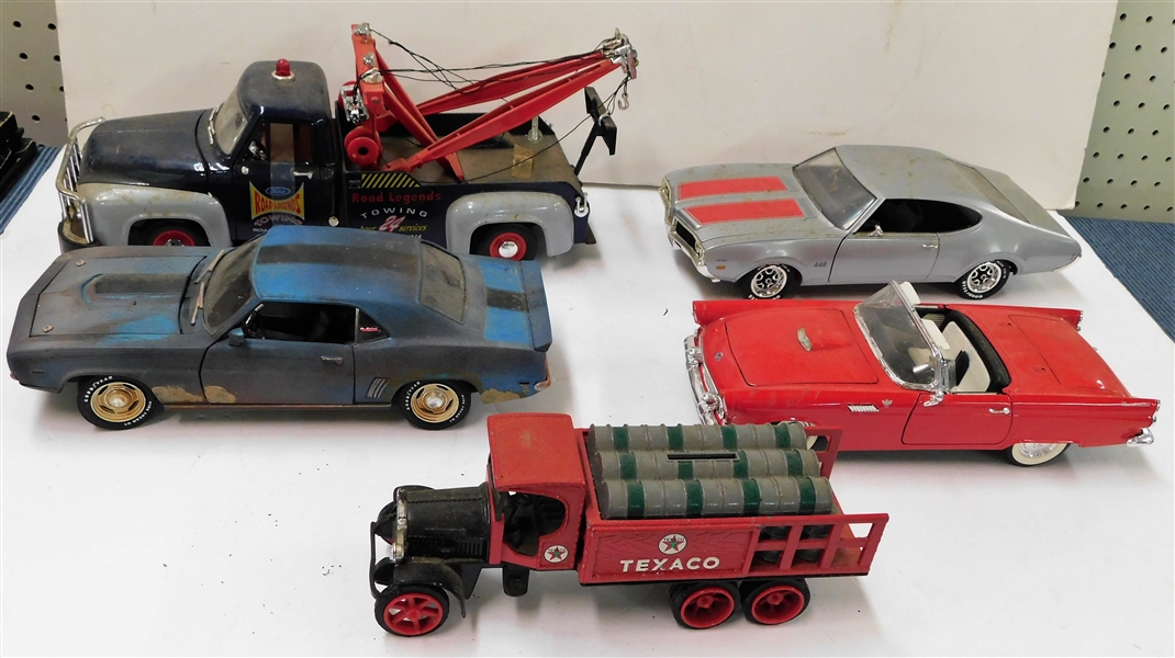 5 Die Cast Metal Cars including Texaco Bank and Ford Road Legends Towing