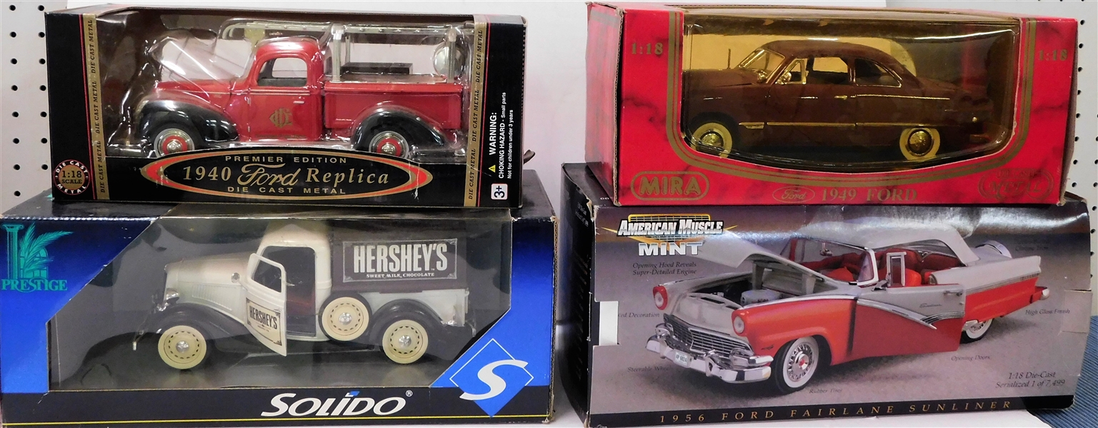 4 New in Box 1/18 Scale Die Cast Cars including 1940 Ford, Solildo Hershey Truck, 1956 Ford Fairlane, and 1949 Ford