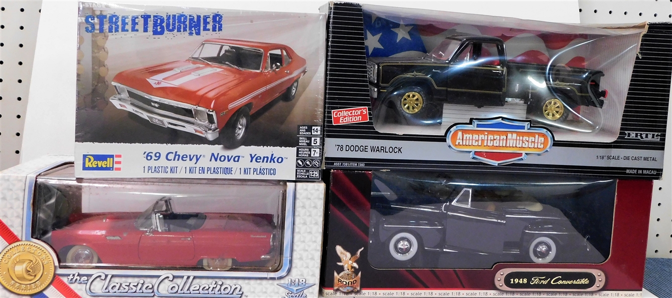 3 New in Box 1/18 Scale Die Cast Cars including 1948 Ford, 1978 Dodge Warlock and 1969 Chevy Nova Model in Original Packaging