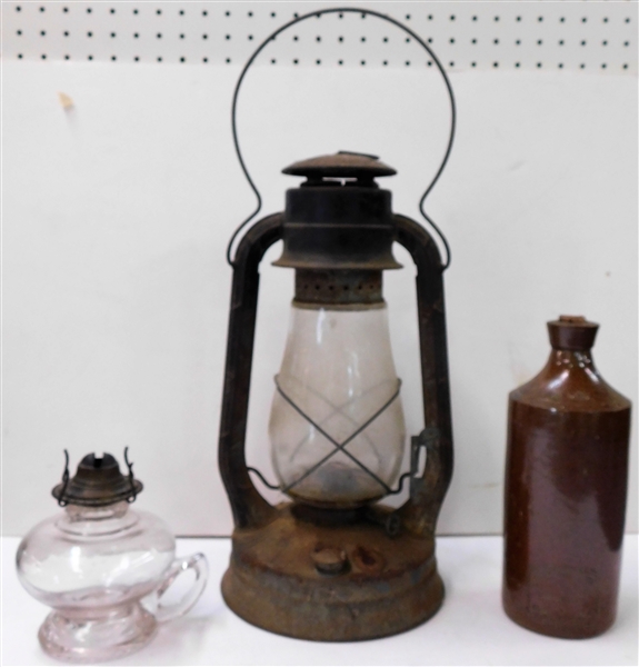 Stoneware Beer Bottle, Finger Oil Lamp, and Blizzard Lantern 