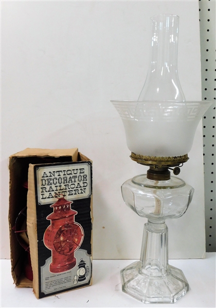 Oil Lamp with Fleur De Lis Design at Bottom and Roman Key Shade and Decorator Railroad Lantern in Original Box