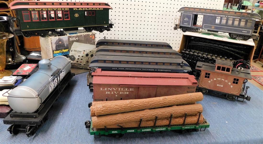 Lot of Bachmann "G" Gage Train Cars, Track, and Transformers - including Tweetsie Railroad, Linville River, Coal Creek Lumber Company, Etc. 