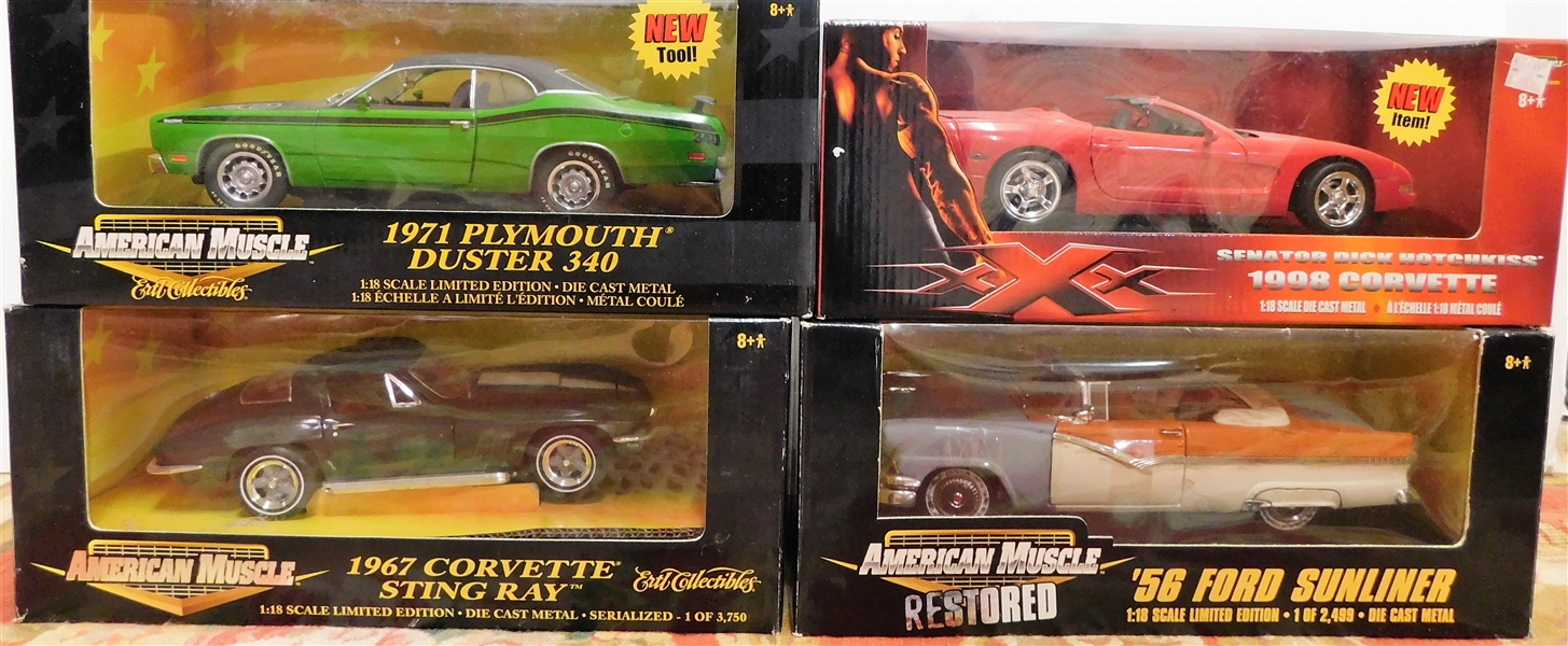 4 1/18 Scale Die Cast Cars in Original Boxes including 1998 Corvette,56 Ford Sunliner, and 2 Others