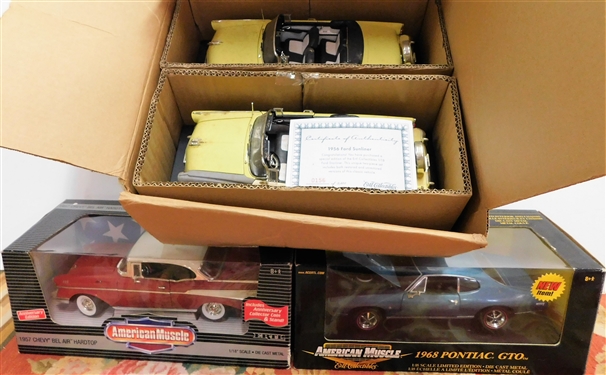 4 1/18 Scale Die Cast Cars in Original Boxes including 1968 Pontiac GTO, 1957 Chevy Bel Air, and 2 1956 Ford Sunliner