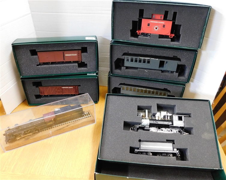  1855 Northern Pacific Engine with Coal Car in Plastic Case and  5 Other Northern Pacific Train Pieces in Fitted Cardboard Boxes - Spectrum by Bachmann