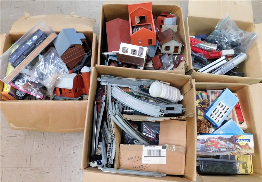 Boxes of Trains, Track, Cars, Farm Animals, Barns, Etc. including Montana Centennial Train Engine in Plastic Case