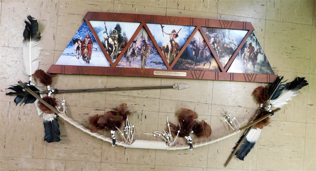 Bradford Exchange "Sacred Journeys" Native American Scene Plaque Set in Frame and Decorative Bow and Arrow Set - Plaque Frame Has Been Repaired - 