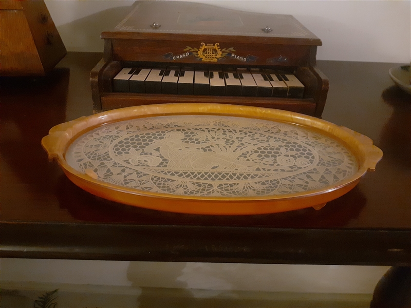 Toy piano-missing legs and Miniature Tray with Tatting or Lace Center-1 Foot  Needs to Be Attached