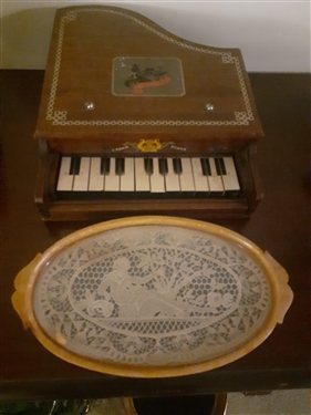 Toy piano-missing legs and Miniature Tray with Tatting or Lace Center-1 Foot  Needs to Be Attached