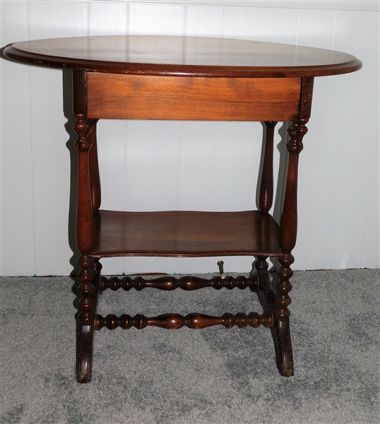 19th Century Oval Walnut Jenny Lind Table with Dovetailed  Drawer and Single Shelf at Bottom - Teardrop Finials  -Measures 29" tall 31" by 22"