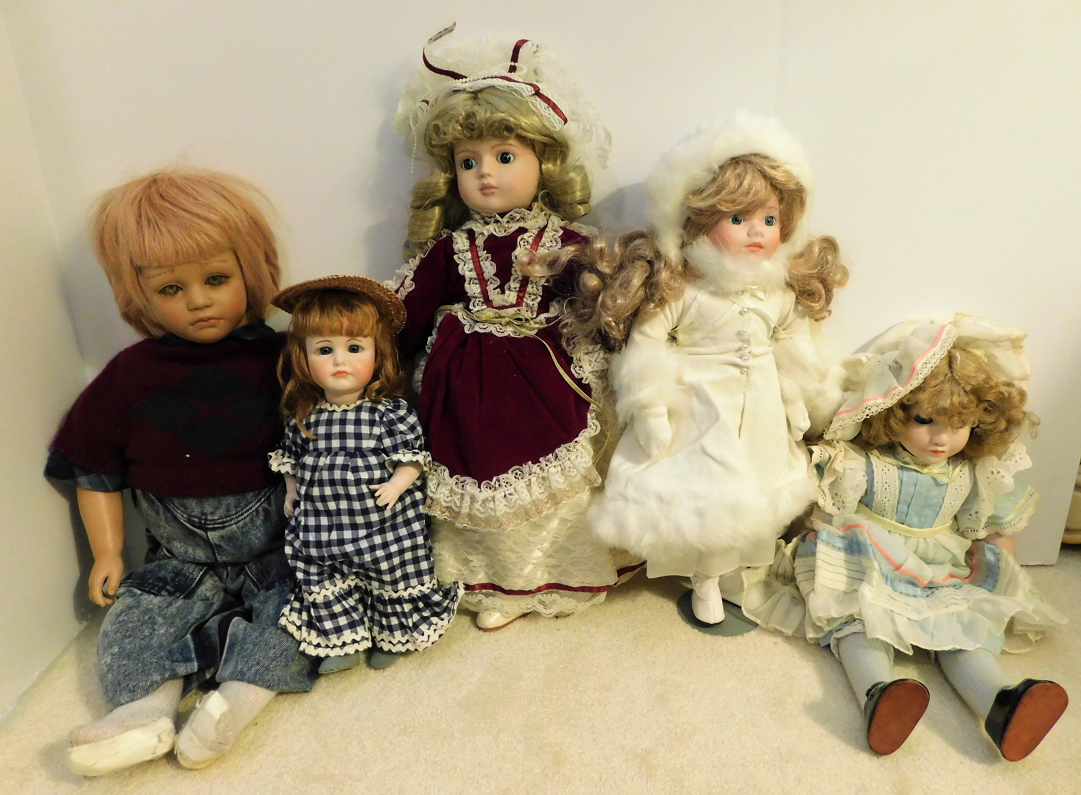 Lot Detail 5 Dolls Including Plastic Boy Doll Porcelain Girl in Red Velvet Dress Petticoats Lace by Gorham 18 tall