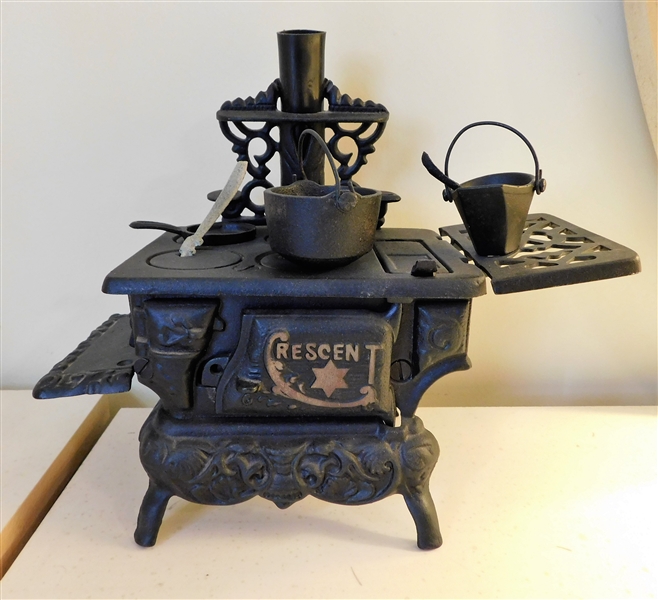 Crescent Miniature Cast Iron Stove with Pots and Utensils - 9" tall 10" across