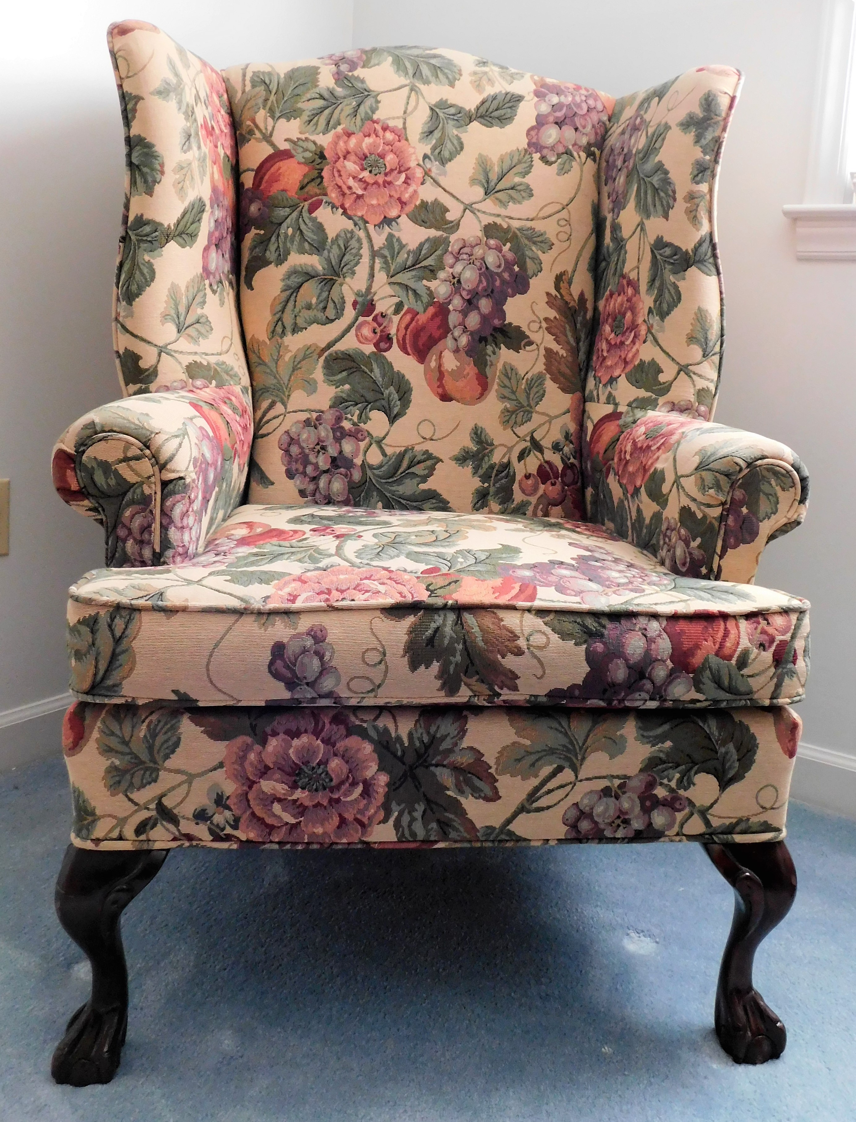 Lot Detail - Fruit Upholstered Claw Foot Wing Back Chair - 8 1/2