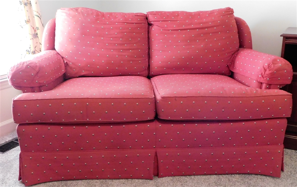 Burgundy Loveseat with Small Floral Pattern - Cushions Are Worn - 30" tall 56" by 33"