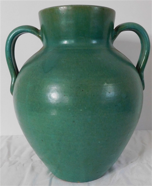 Turquoise Cole Pottery Double Handled Vase - 10 3/4" tall 9" Wide - Minor Glaze Flake on Rim 