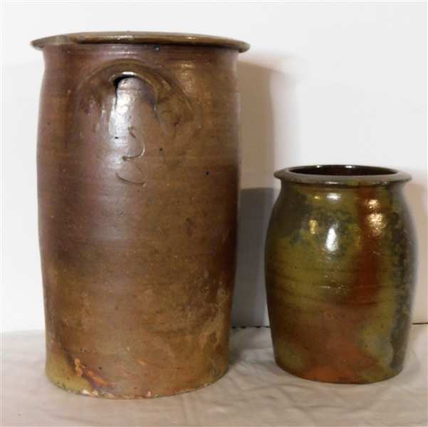 3 Gallon Churn and Other Pottery Storage Jar - Churn Measures 14 3/4" Is Chipped and Cracked and Crock is 9" Appears Perfect 