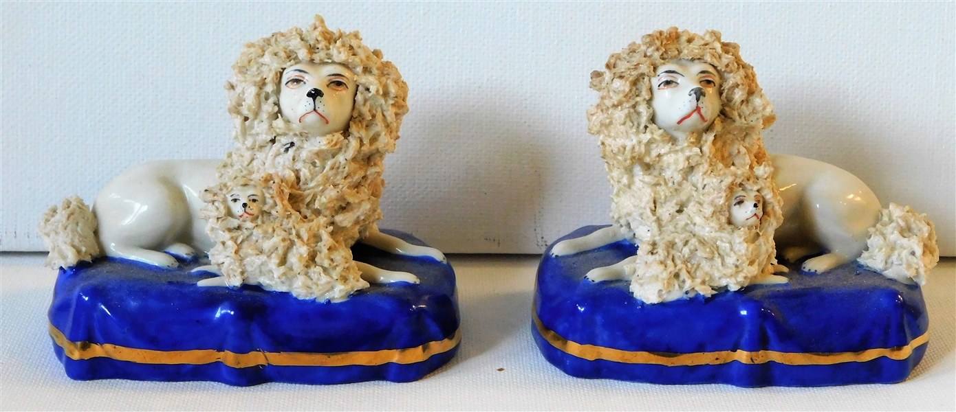 Pair of Meissen Porcelain Poodle Dogs - 2 3/4" tall 3 1/2" long by 2"