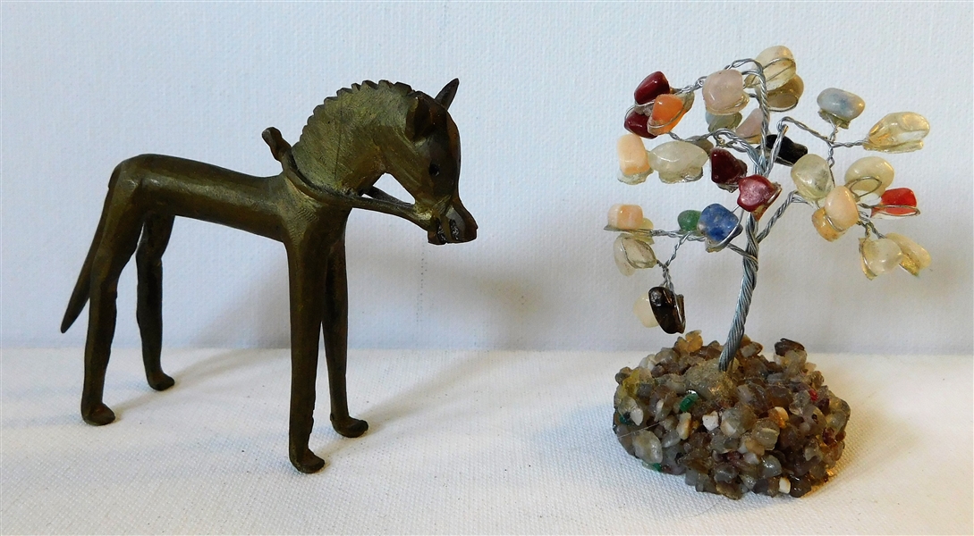 Small Brass Horse and Stone Tree - 3 1/2" tall 