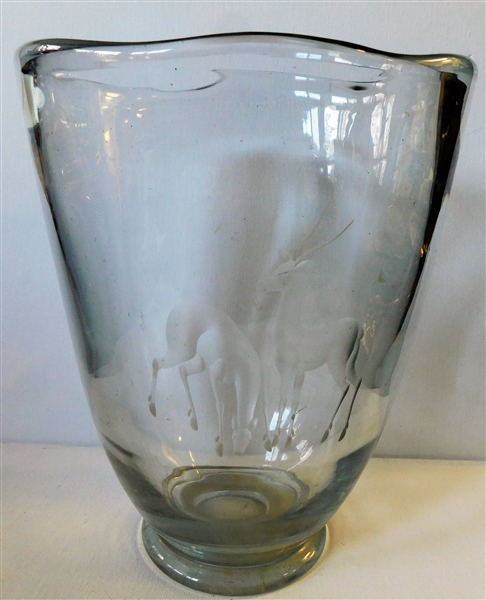 Beautiful Large Hand Blown Glass Vase with Etched Deer -  10" tall 8" across