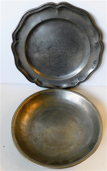 2 Hallmarked Pewter Pieces - Low Bowl 8" and Plate with Engraved Lions - 9" Across