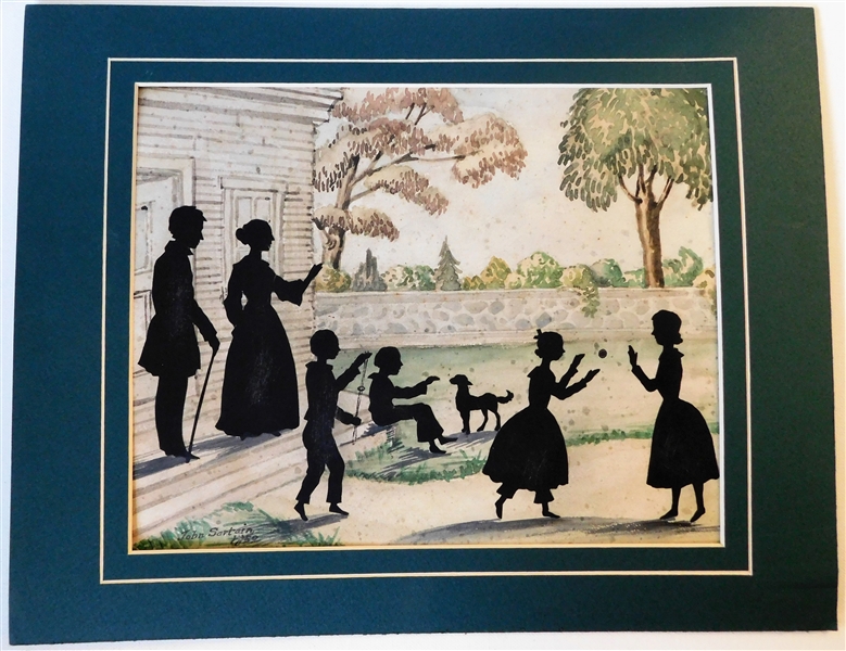 1850 John Sartain Watercolor Painting  with Scissor Cut Family Silhouette of The Samuel Cabot Family From Boston - Signed on Reverse -Measures  8 3/4" by 11" - Not including Mat