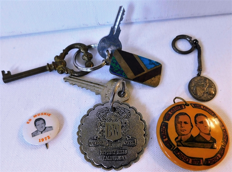 Keys, Inlaid Stone Key Chains, and Ed. Muskie 1972 Campaign Button, 1920 Key Chain