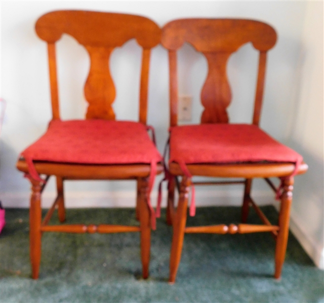 Pair of Cane Bottom Wood Chairs with Red Cushions - 33 3/4" tall 