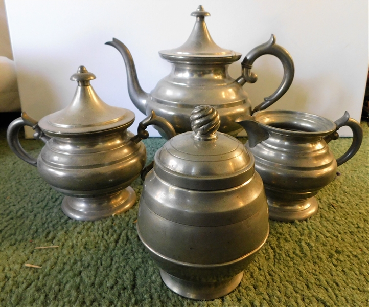 4 Piece Pewter Tea Service - Teapot, Cream, and Sugar by Wilcox and Lidded Jar Insco Pewter