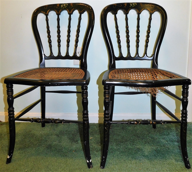 Pair of Hand Painted Black Cane Bottom Side Chairs with Gold Details - 1 Seat is Damaged 