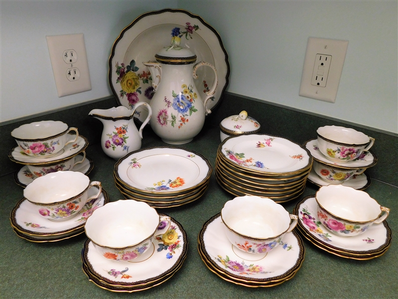 35 Piece Chocolate Set with Blue Cross Sword Mark - Flowers on Tops - Lip and Flower Chipped on Large Pot - Platter is 12" Across