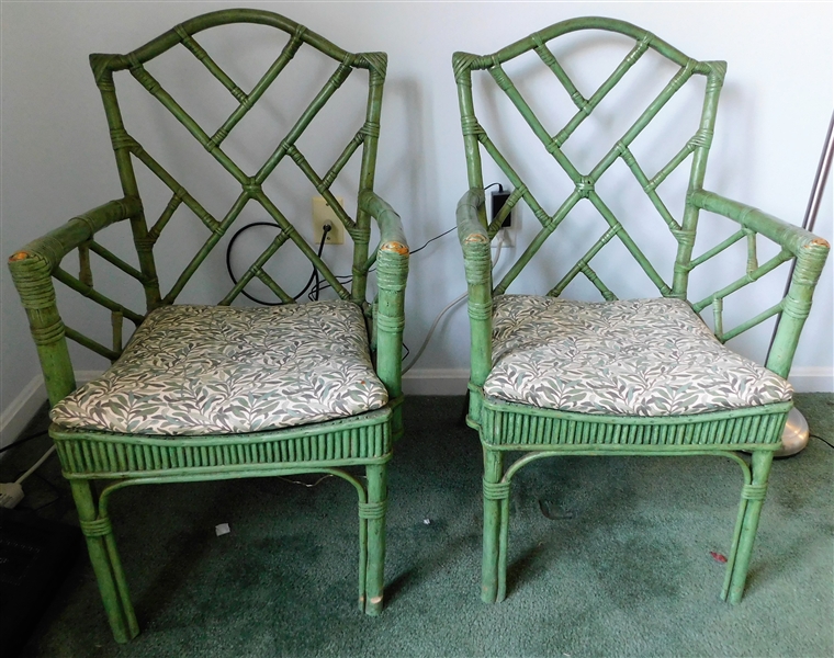 Pair of Green Painted Rattan Arm Chair - 37" tall 22" Arm to Arm 