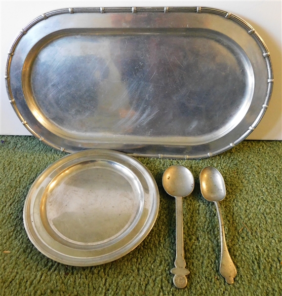 Wilton Pewter Platter, Early Pewter Spoon,  Steiff Pewter Spoon, and Round Pewter Plate - Platter Measures 18" by 10 1/2"