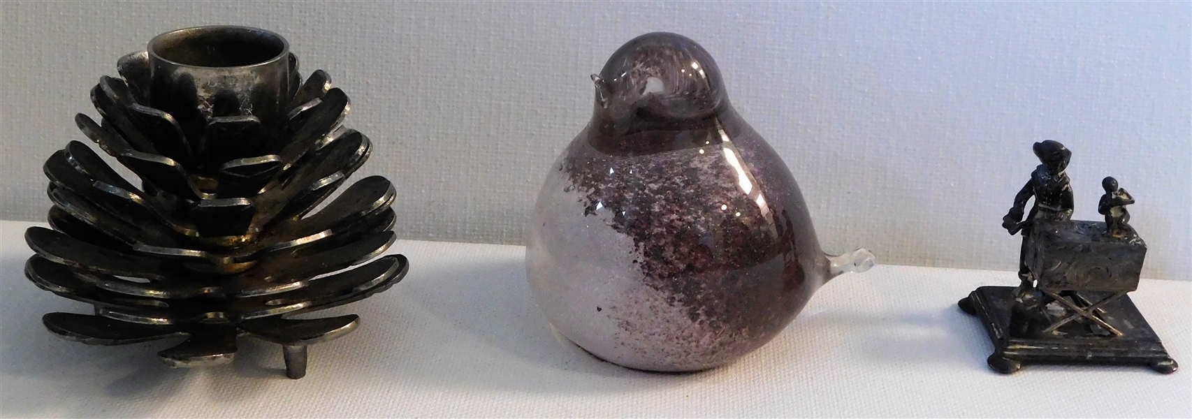 Pinecone Candle Holder, Bird, Paperweight, and Small Organ Grinder Figure 1 3/4" tall 