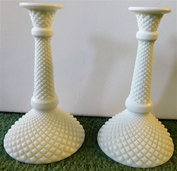 Pair of Diamond Point Milk Glass Candle Sticks - 8 1/2" tall 