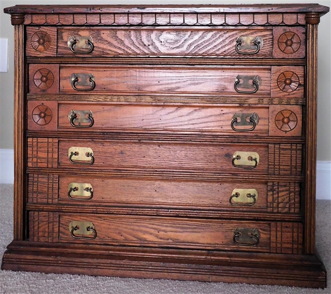 Nice Oak 6 Drawer Clarks Spool Cabinet - Top 3 Drawers with Circle Details and Spool Style Pulls "Clarks Mile End"  - Unusual Dovetailed Drawers - Measures 21 3/4" tall 25 1/4" by 18 1/2"