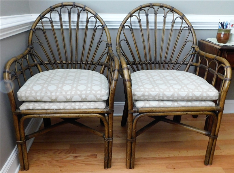 Pair of Turner Furniture Rattan Arm Chairs with Khaki and Cream Cushions - 39 1/2" tall  