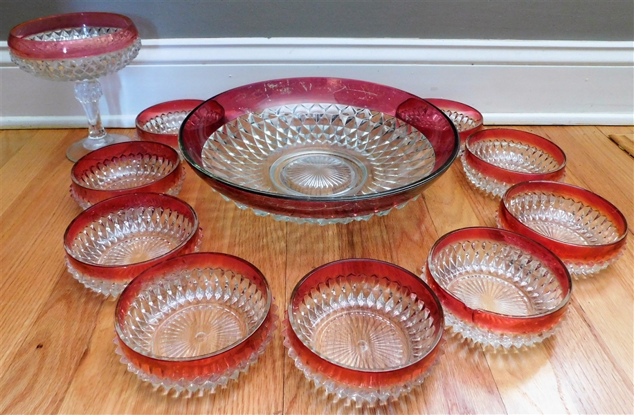 11 Pieces of Ruby Flash Diamond Point Crystal - 9 5" Bowls, 13 1/2" Salad Bowl with Wear to Red, and 8" Compote