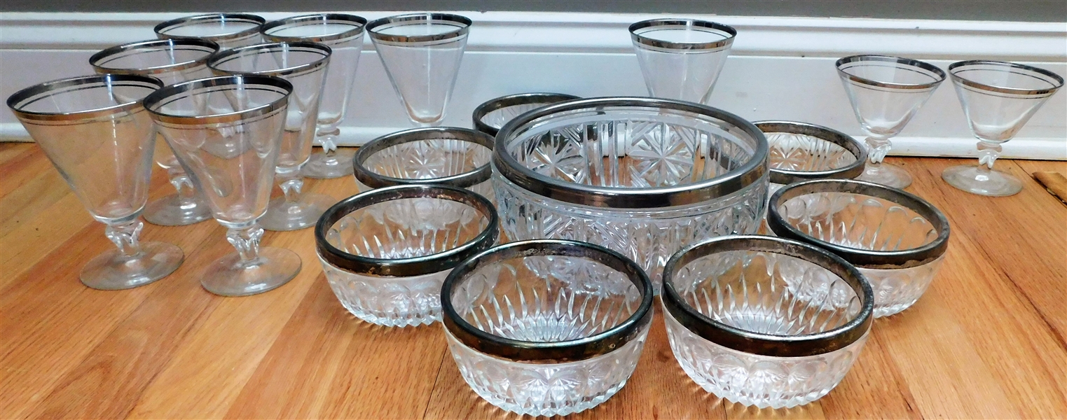 Lot of Silver Rimmed Crystal including Goblets, Sherbets, and Salad Bowl Set