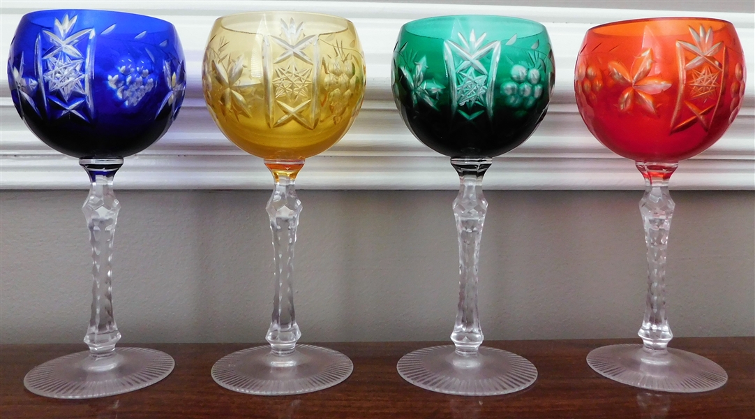 4 Bohemian Glass Goblets Red, Yellow, Blue, and Green - 6 1/2" Tall 