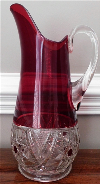 Large Ruby Flash Pitcher with Ruby Button Details Around Bottom - 13" tall 