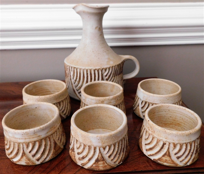 Leveque Cedar Creek Art Pottery Pitcher and Cups - Pitcher is 8" tall, Cups 3" tall 3 1/4" Across