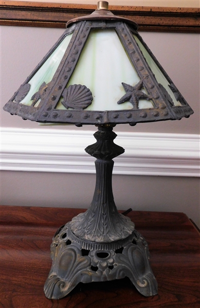 Slag Glass Lamp With Shells and Star Fish - 16" Overall Height