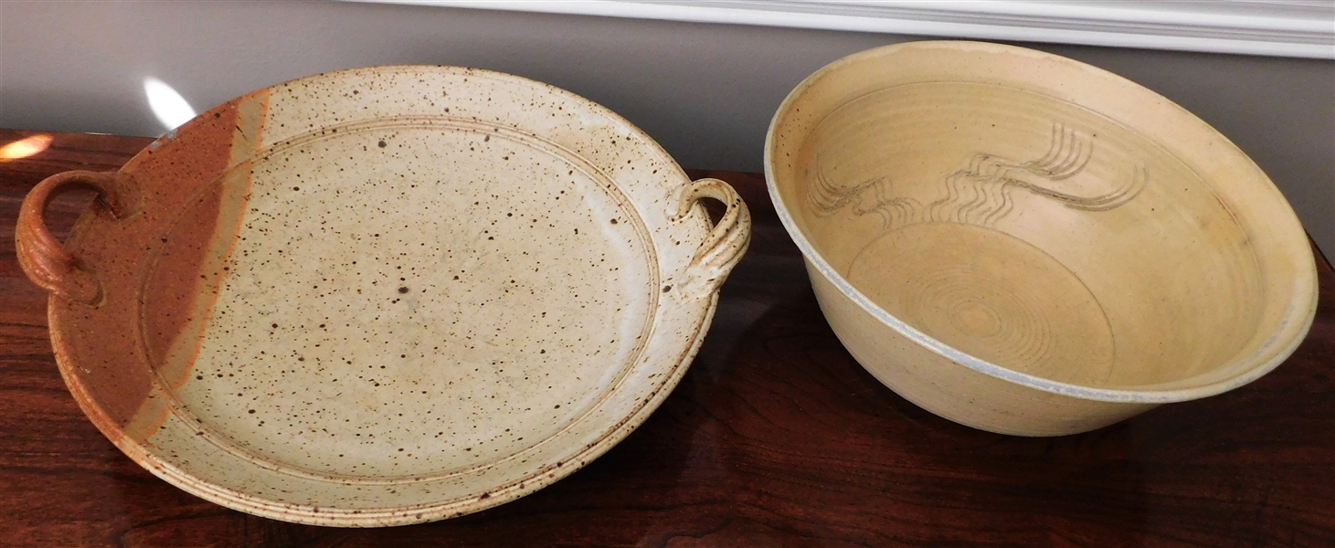 2 Pieces of Artist Signed Art Pottery - 10 1/2" Bowl Signed Walter Hobbs and Kaplin Platter with Hairline Crack 