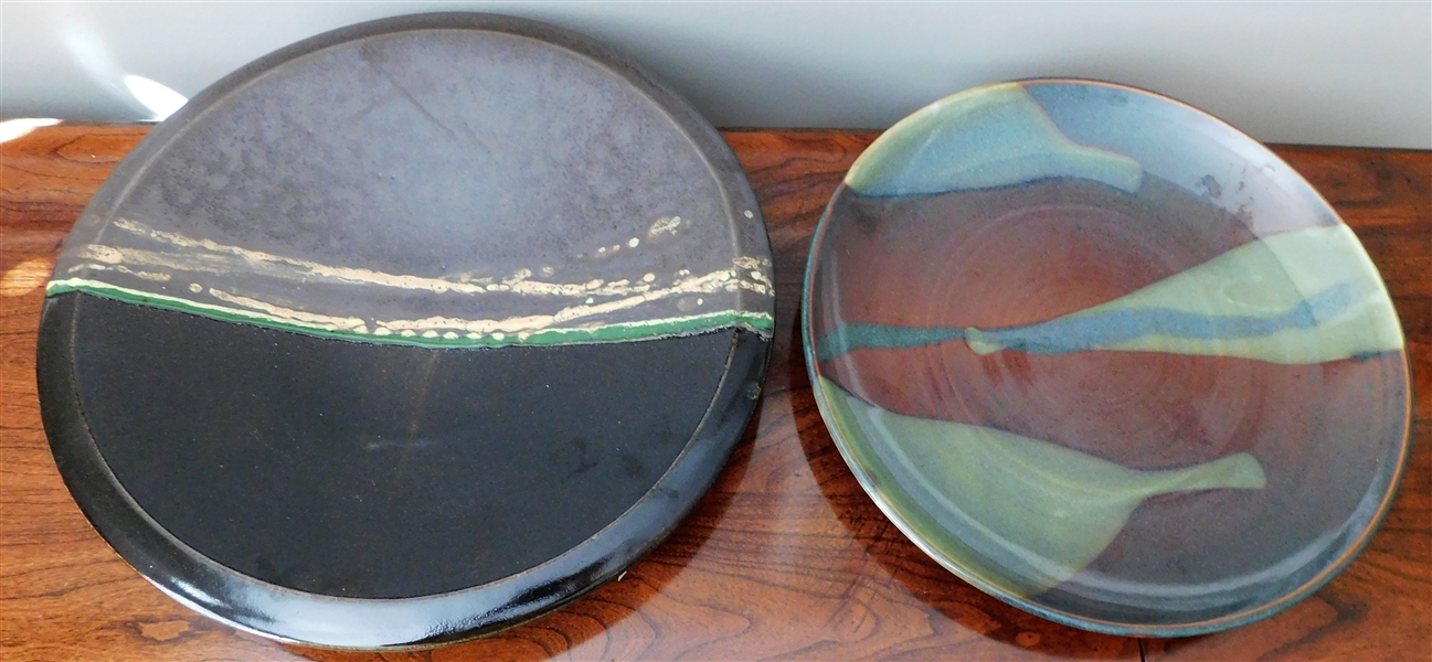 2 Artist Signed Art Pottery Platters - E. Janow 12 1/2" and 14" With Hanger on Back 