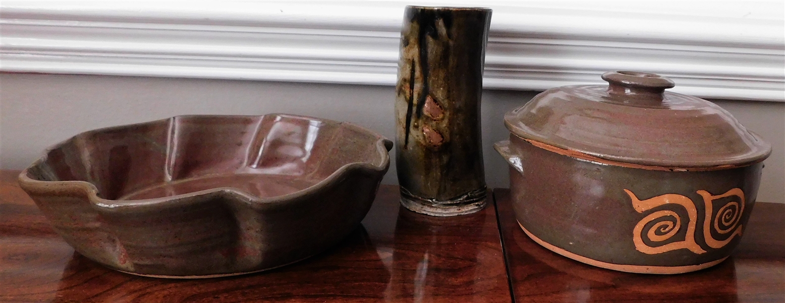 3 Pieces of Art Pottery including MB Asheville, NC 9" Fluted Bowl, MB Lidded Bowl 7", and 6 1/2" Vase